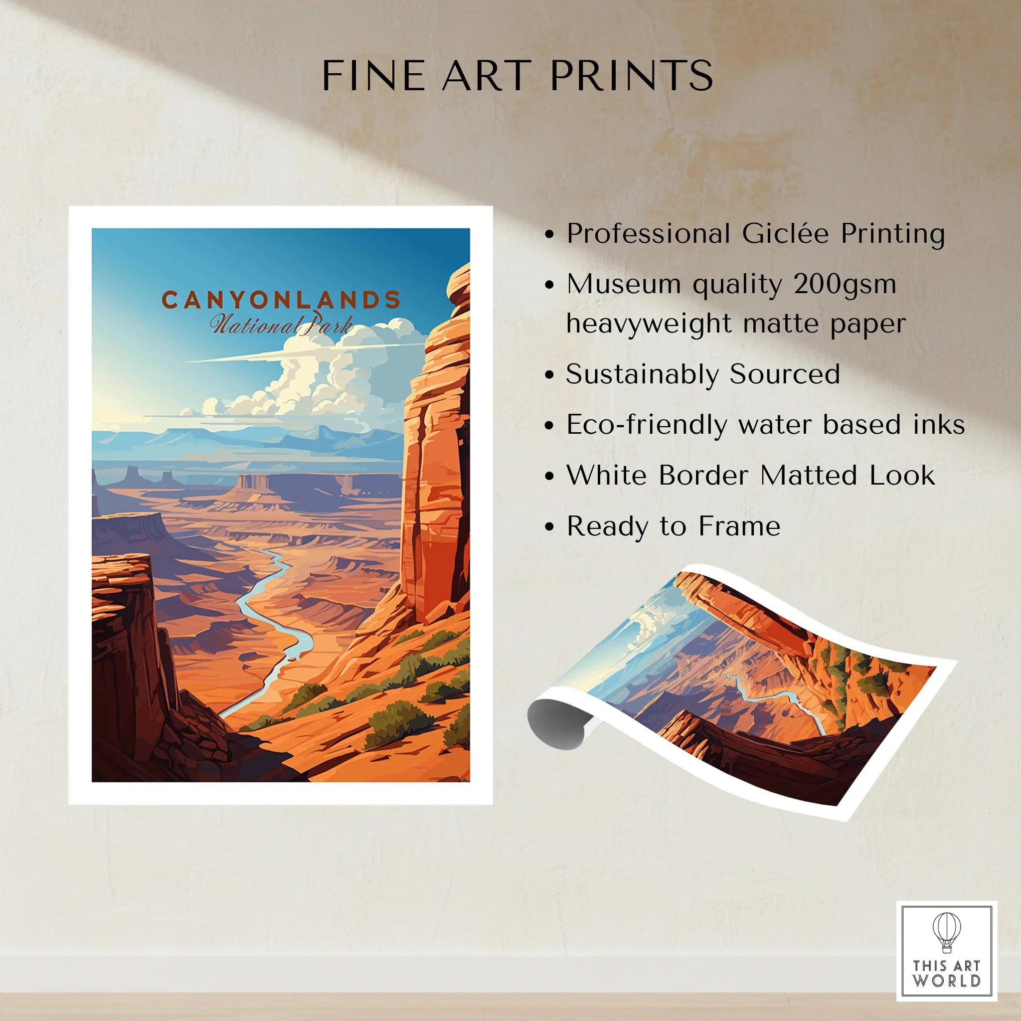 Canyonlands National Park art print with desert cliffs, river view, and museum quality details.