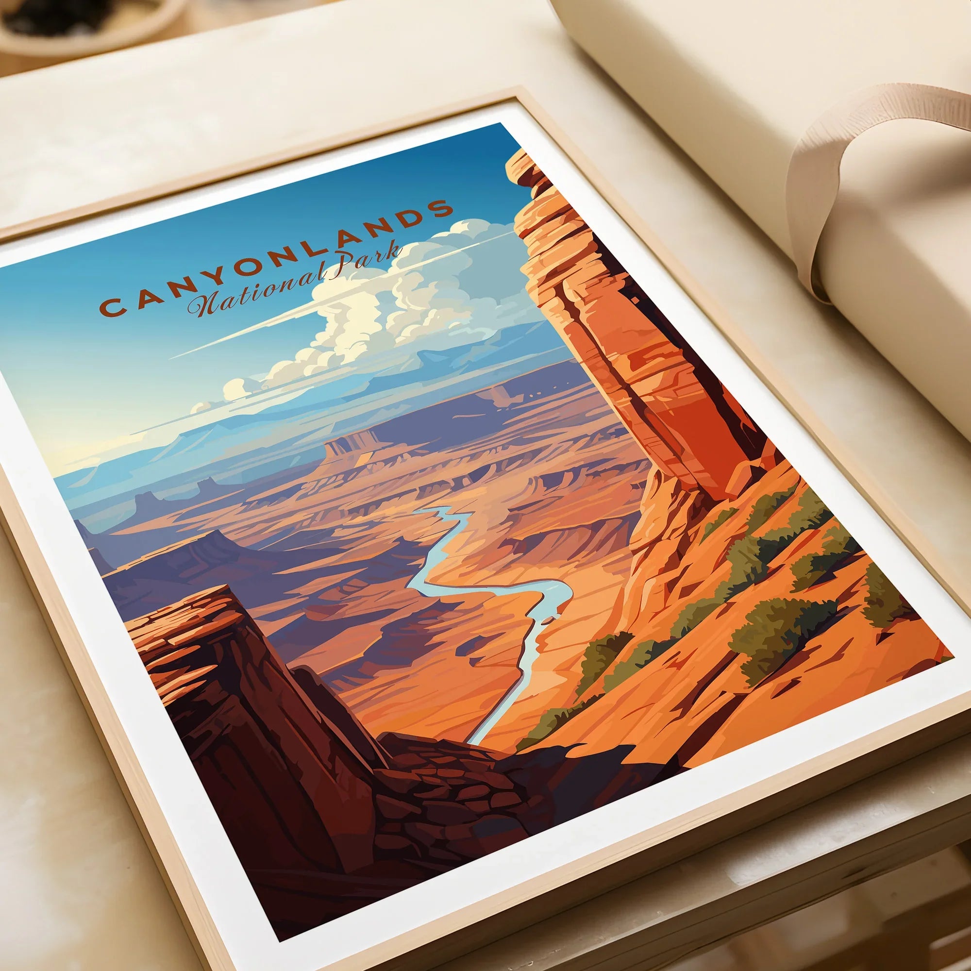 Framed Canyonlands National Park art print with desert landscape and winding river close-up