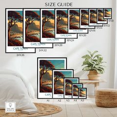 Size guide for Cape Town poster prints, displaying various frame dimensions and styles for home decor.