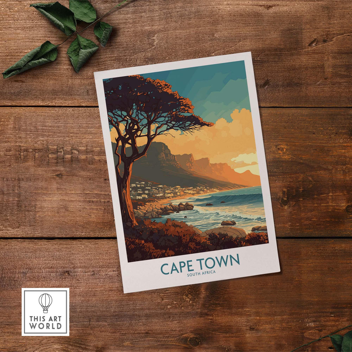 Cape Town poster featuring Camps Bay sunset, a stylish travel print for home decor from South Africa.