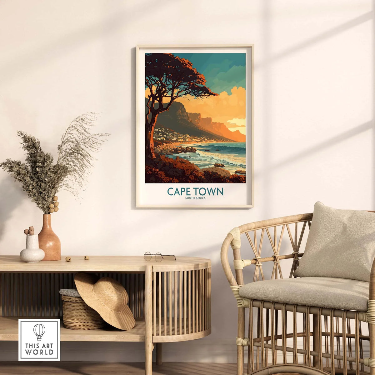 Cape Town poster featuring Camps Bay, stylish home decor in a contemporary living room setting.