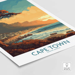 Cape Town poster featuring Camps Bay, showcasing a vibrant sunset over the ocean, perfect for home decor or gifts.