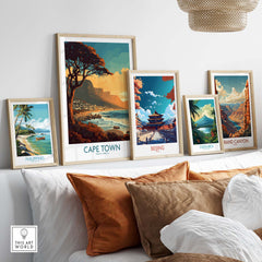 Framed Cape Town poster among travel prints of Beijing, Philippines, Costa Rica, and Grand Canyon, showcasing stylish home decor.