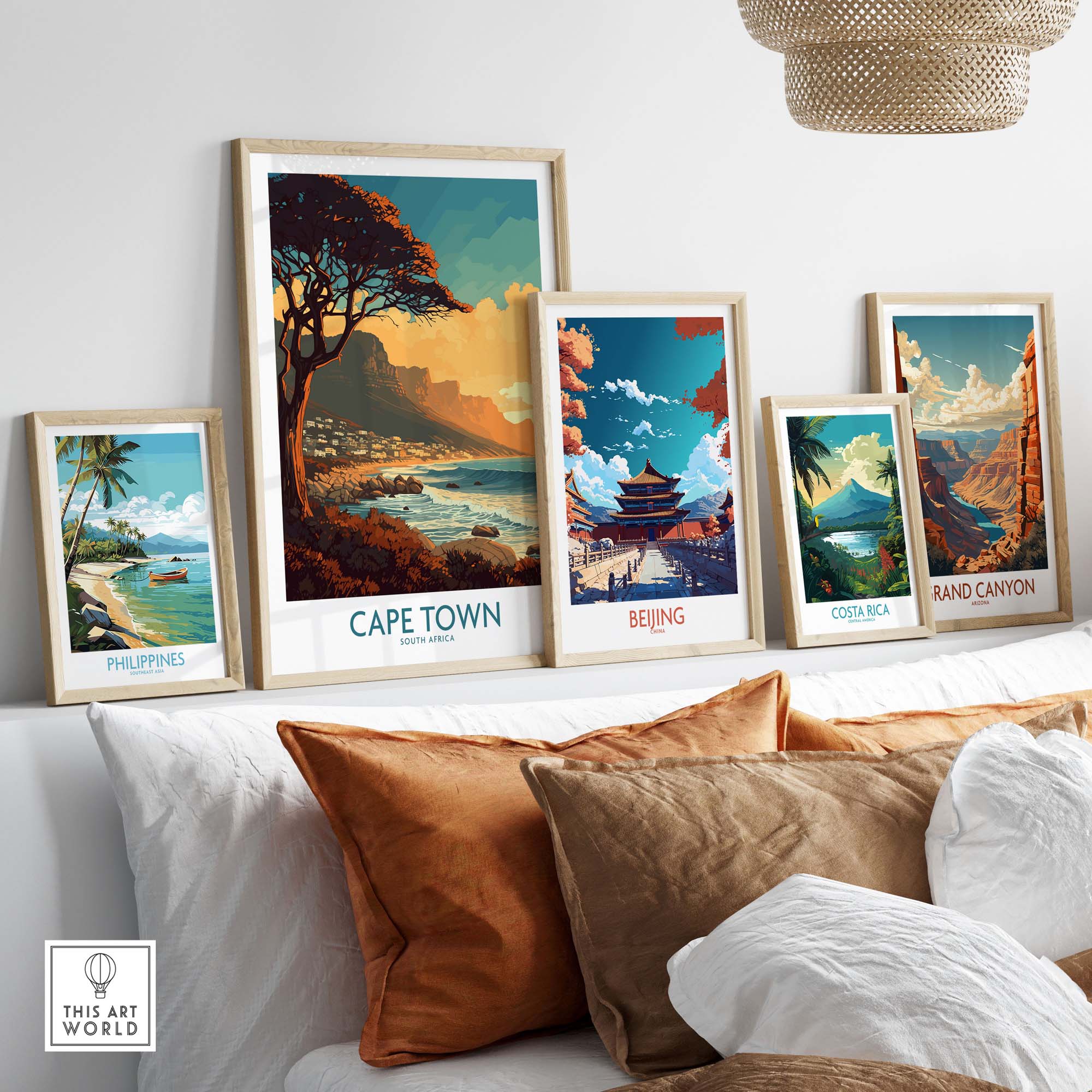 Framed Cape Town poster among travel prints of Beijing, Philippines, Costa Rica, and Grand Canyon, showcasing stylish home decor.