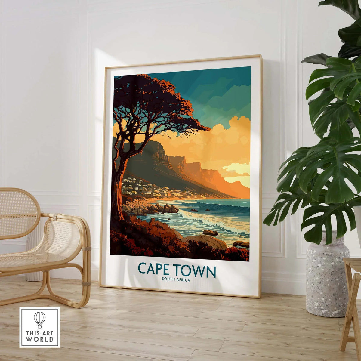 Cape Town poster featuring Camps Bay's serene landscape, perfect for stylish home decor in South Africa.