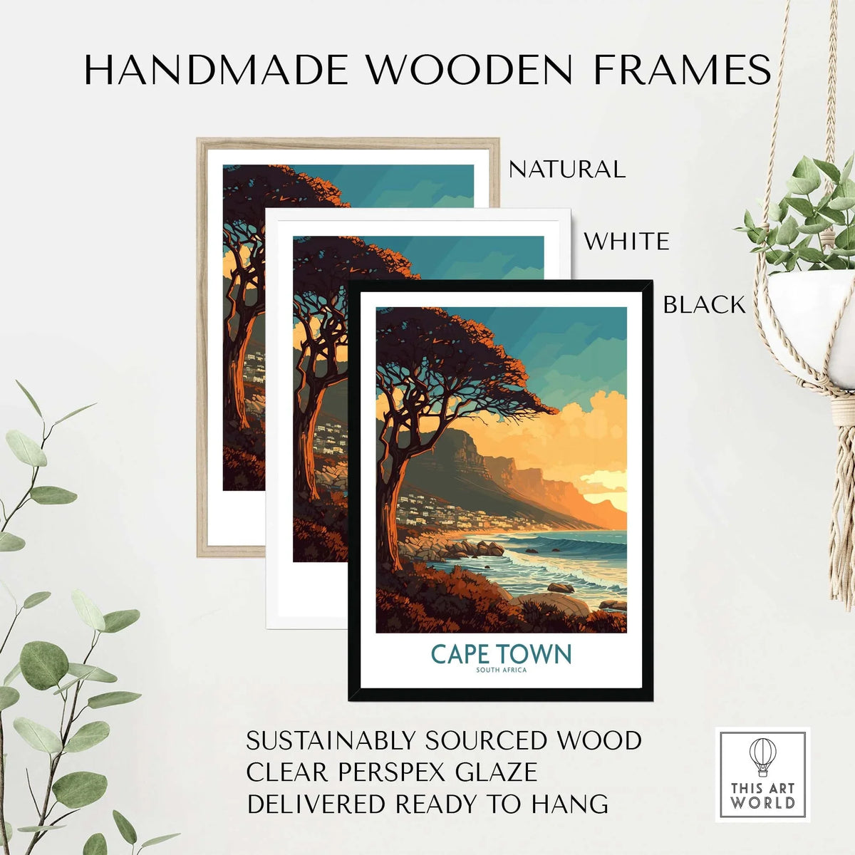 Handmade wooden frames in natural, white, and black for Cape Town poster, sustainably sourced and ready to hang.