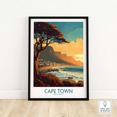 Cape Town poster featuring serene Camps Bay sunset with mountains and coastal scenery, framed for stylish home decor.