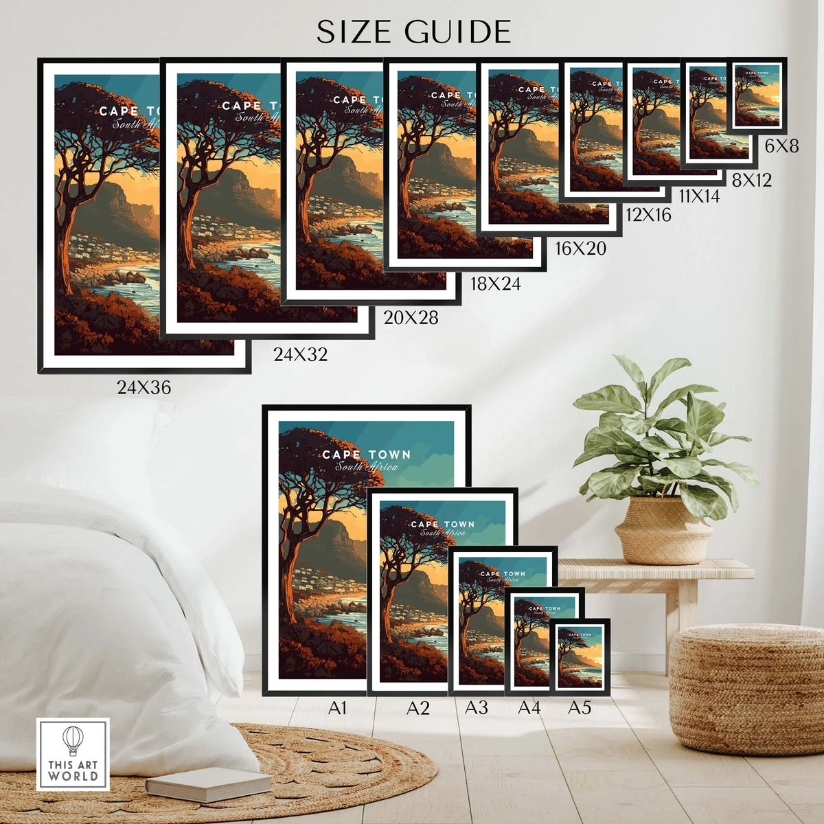 Size guide for Cape Town print showcasing various dimensions and a home decor setting with plants and rugs.