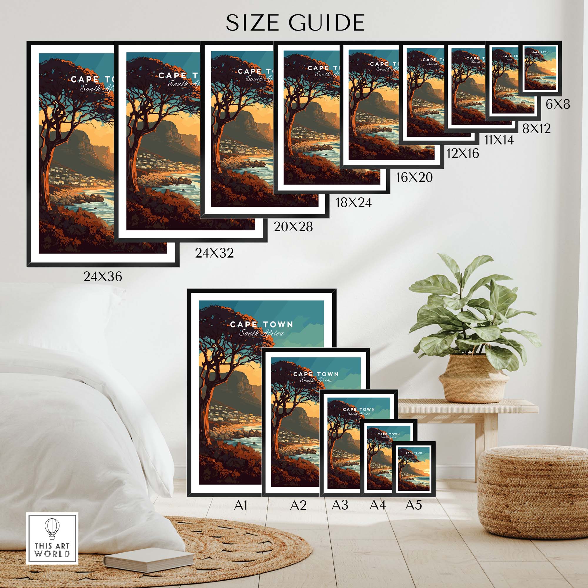 Size guide for Cape Town print showcasing various dimensions and a home decor setting with plants and rugs.