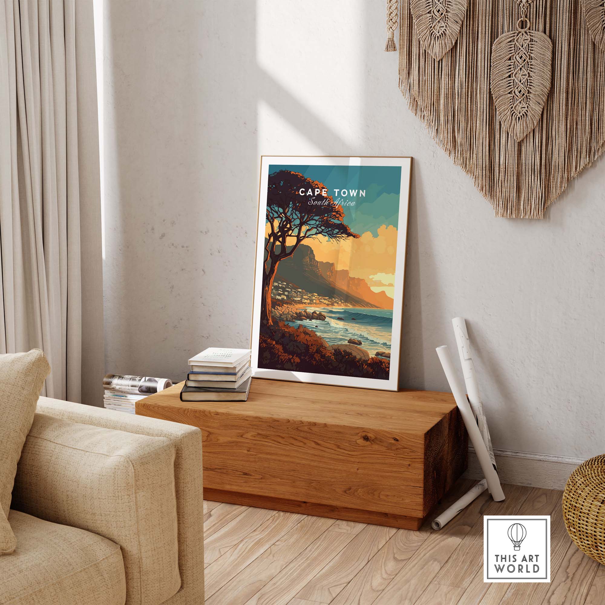 Cape Town print displayed in a stylish living room, showcasing Camps Bay and adding elegance to home decor.