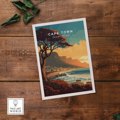 Cape Town Print featuring Camps Bay shoreline, showcasing vibrant colors of South Africa's landscape, perfect decor for any home.