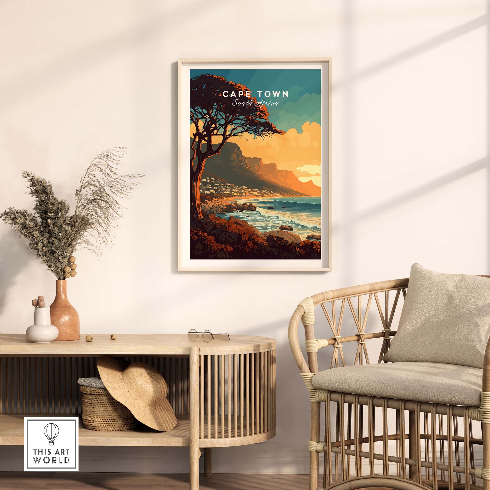 Cape Town Print framed in a cozy room, showcasing Camps Bay's scenic beauty in South Africa, perfect for home decor.