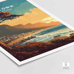 Cape Town print showcasing Camps Bay sunset, vibrant ocean waves, and serene coastal landscape in South Africa. Perfect home décor.
