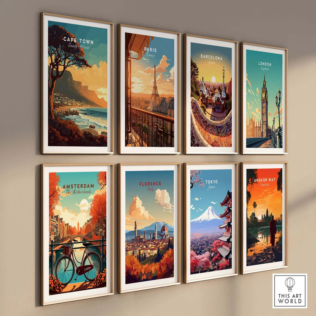 Collection of vibrant travel posters featuring Cape Town, Paris, Barcelona, London, Amsterdam, Florence, Tokyo, and Angkor Wat.