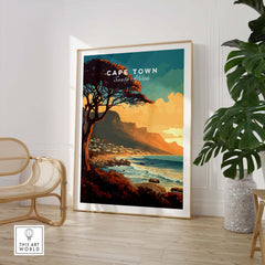 Framed Cape Town print showcasing Camps Bay and the Atlantic Ocean, ideal for home decor and gift giving.