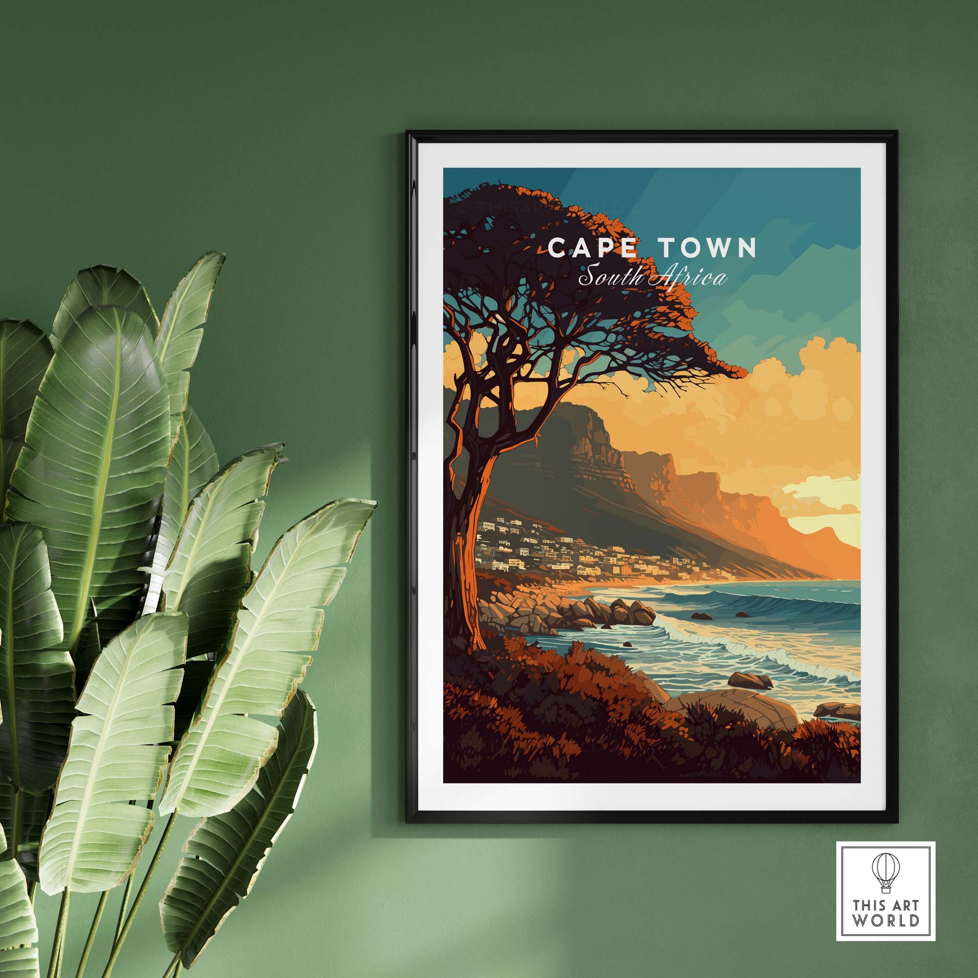 Cape Town Print showcasing Camps Bay, South Africa, framed art piece ideal for home decor and gifts.
