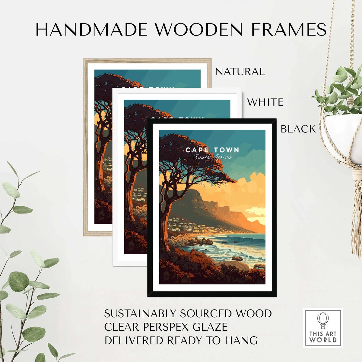 Handmade wooden frames for Cape Town print in natural, white, and black, featuring sustainably sourced wood and clear glaze.