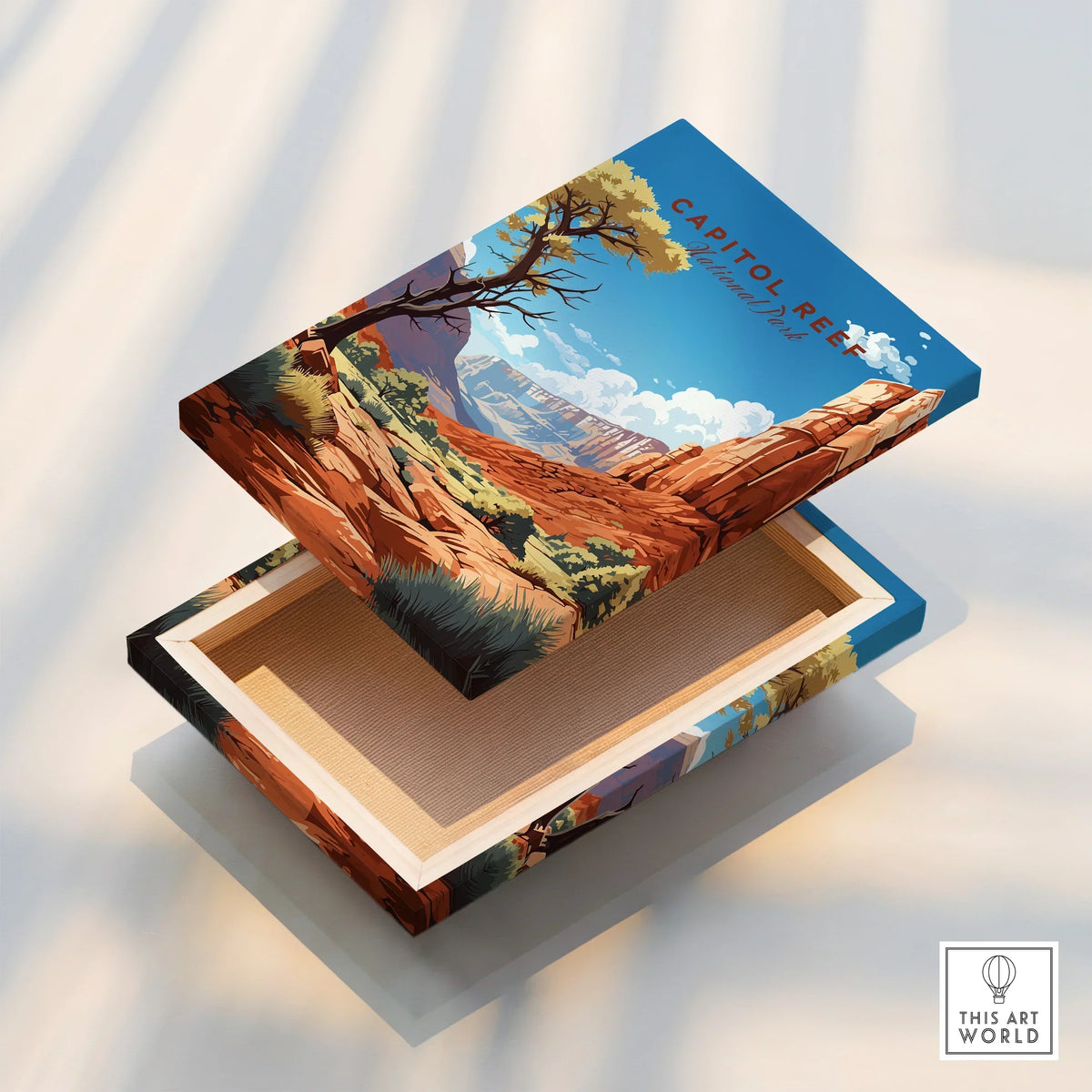 Capitol Reef National Park canvas wall art print with red rock landscape and blue sky.
