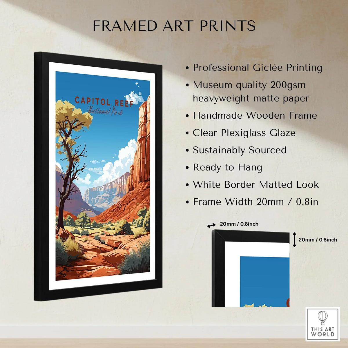 Framed Capitol Reef National Park poster with canyon landscape and product details