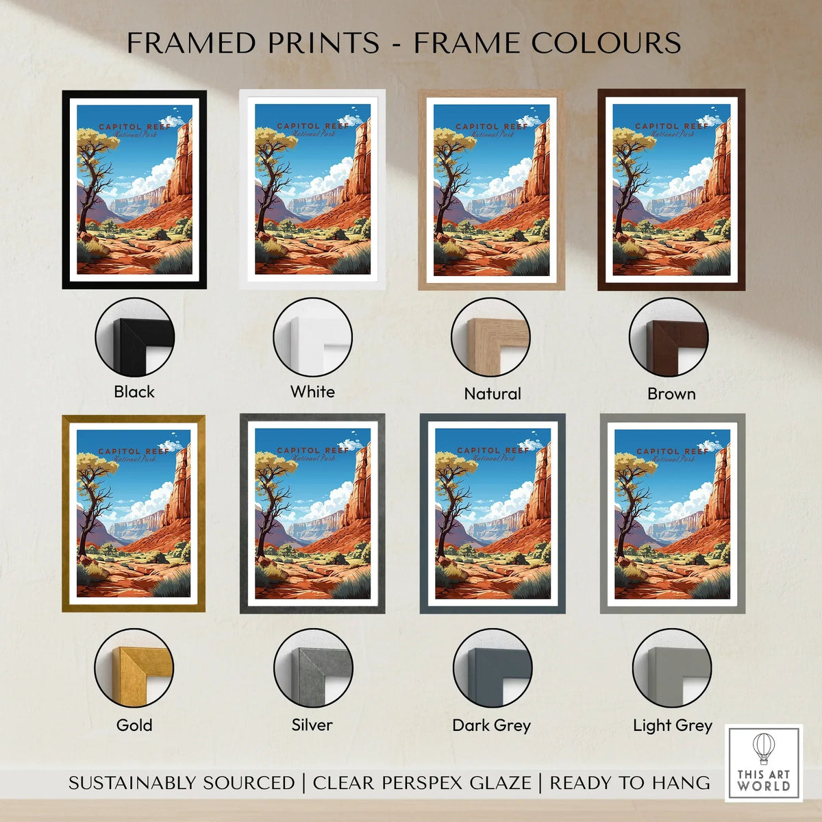 Capitol Reef National Park art print in various frame colors, wall art decor options