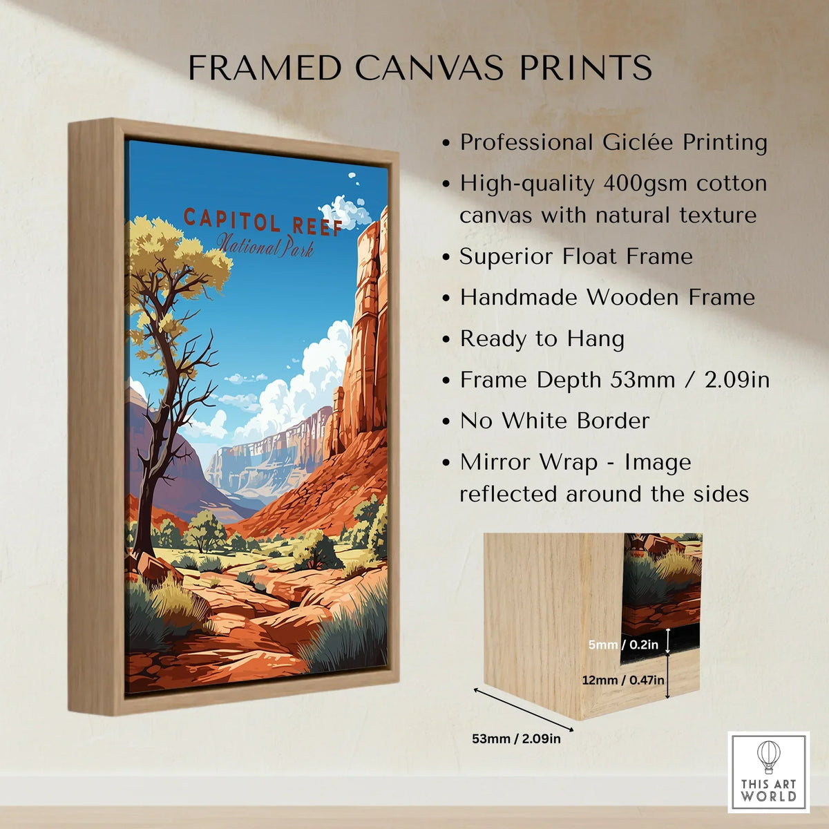 Framed canvas print of Capitol Reef National Park with desert landscape and wooden float frame