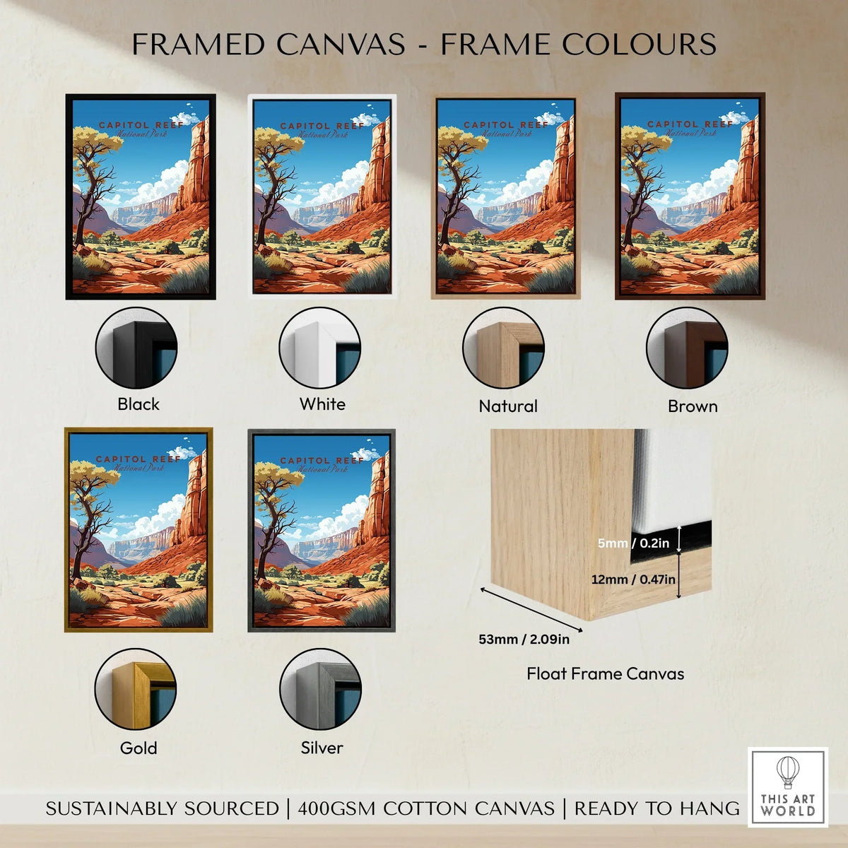 Capitol Reef National Park framed canvas wall art with six frame color options