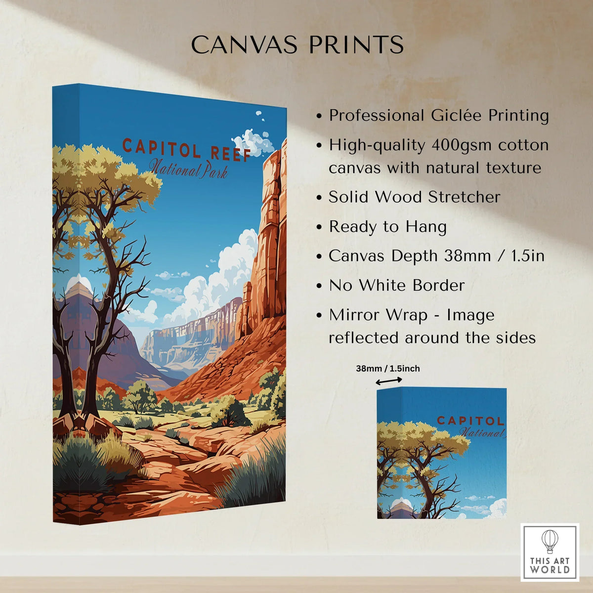 Capitol Reef National Park wall art canvas print featuring canyon landscape, ready to hang