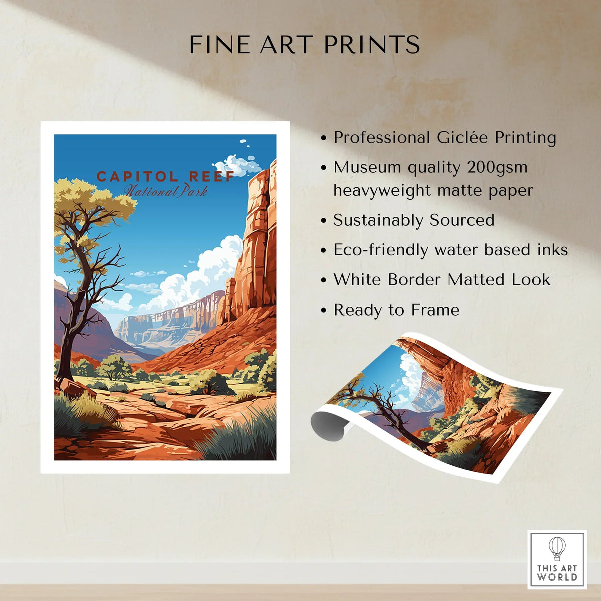 Capitol Reef National Park fine art print with red rock canyon, tree, and blue sky