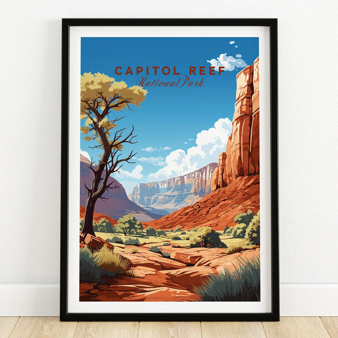 Capitol Reef National Park art print in black frame on wooden floor, landscape illustration