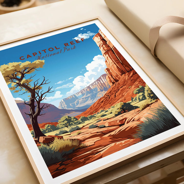Framed Capitol Reef National Park art print with vivid desert landscape illustration