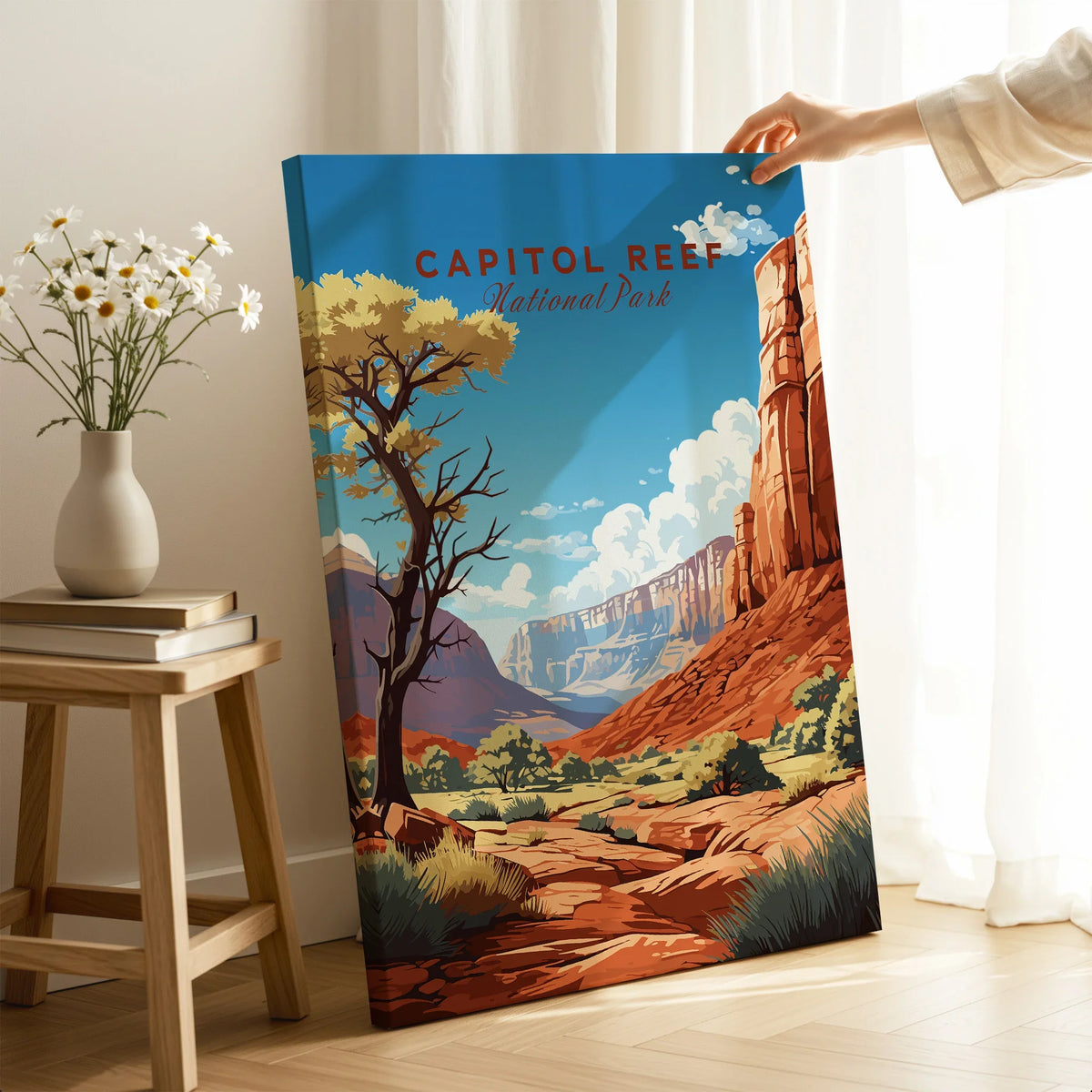 Capitol Reef National Park canvas print with scenic landscape held in sunlit room