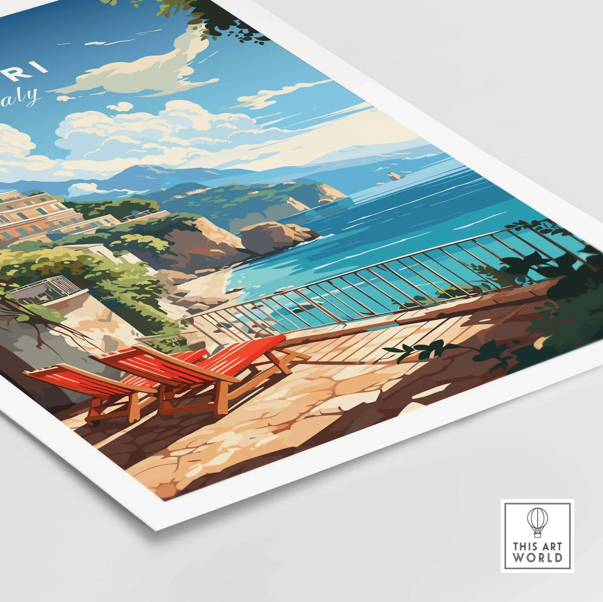 Capri Italy poster print featuring a scenic coastal view, red lounge chairs, and vibrant Mediterranean colors.