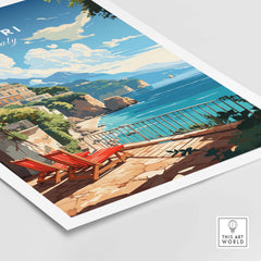 Capri Italy poster print featuring a scenic coastal view, red lounge chairs, and vibrant Mediterranean colors.