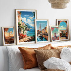 Capri Italy poster print displayed in a modern home setting with vibrant color artwork and decorative pillows.