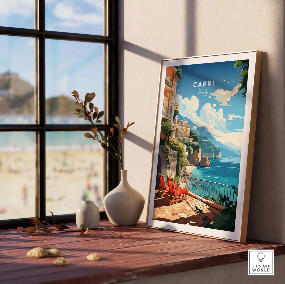 Capri Italy poster print displayed in a cozy indoor setting, capturing the coastal beauty and vibrant colors of the Mediterranean.