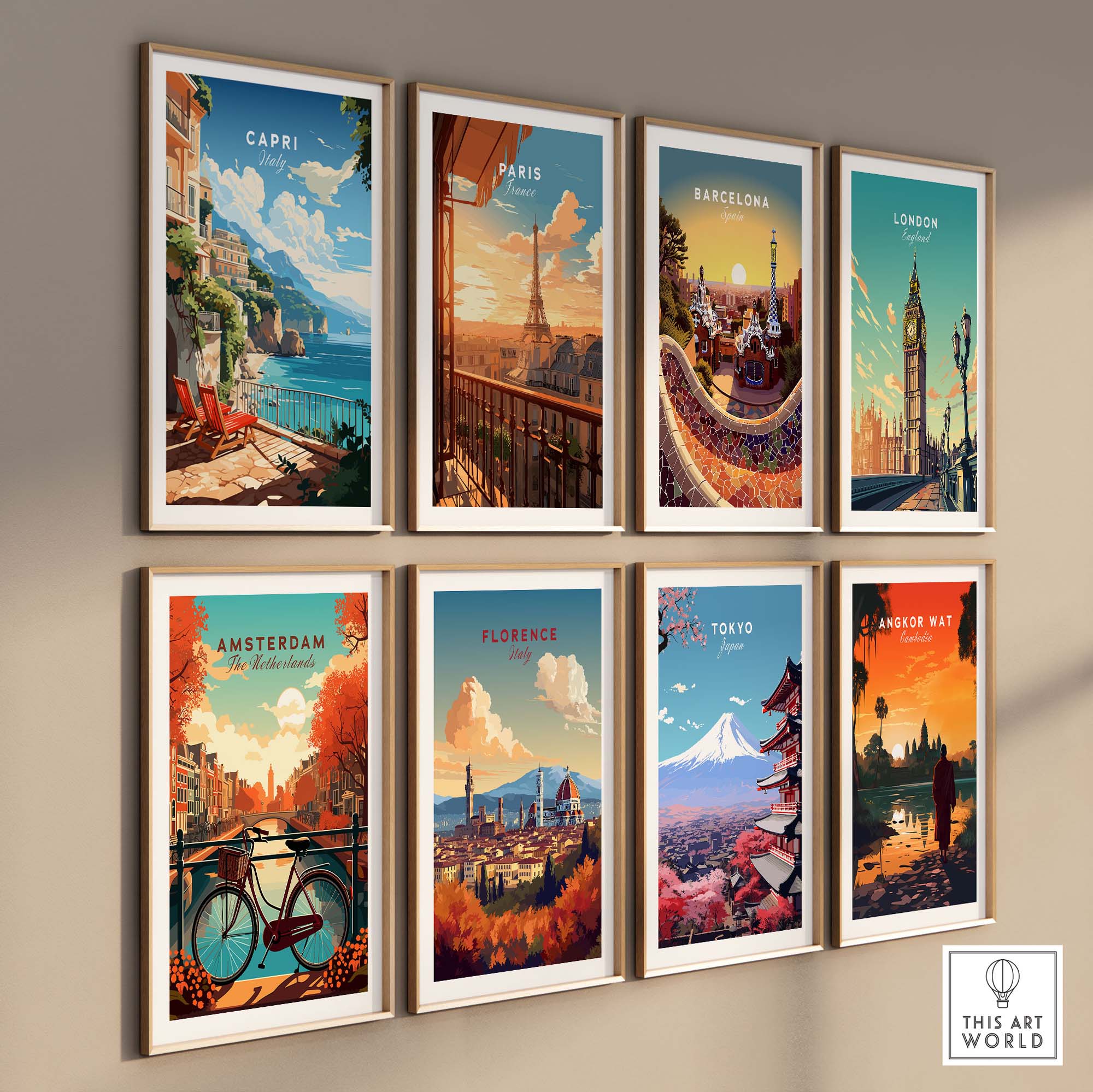 Gallery of vibrant travel posters featuring cities like Capri, Paris, Barcelona, and Amsterdam, perfect for home decor.