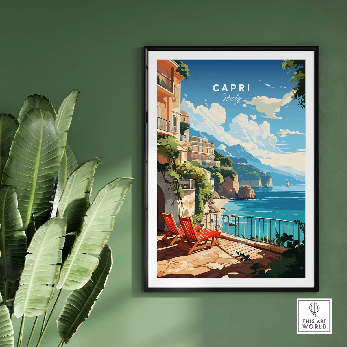 Capri Italy poster print featuring vibrant coastal scenery, perfect for home or office decor.