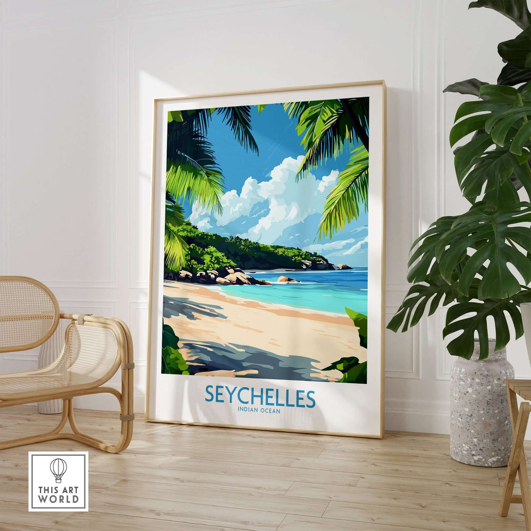 Seychelles beach print showcasing lush palms and crystal clear waters, perfect for beach lovers' decor.