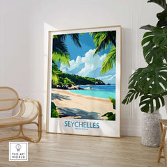 Captivating Seychelles Print for Beach Lovers displayed in a stylish home interior with tropical decor.