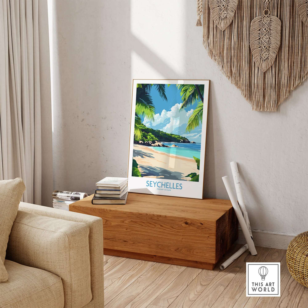 Seychelles print displayed in a cozy living room, highlighting beach vibes and tropical scenery.