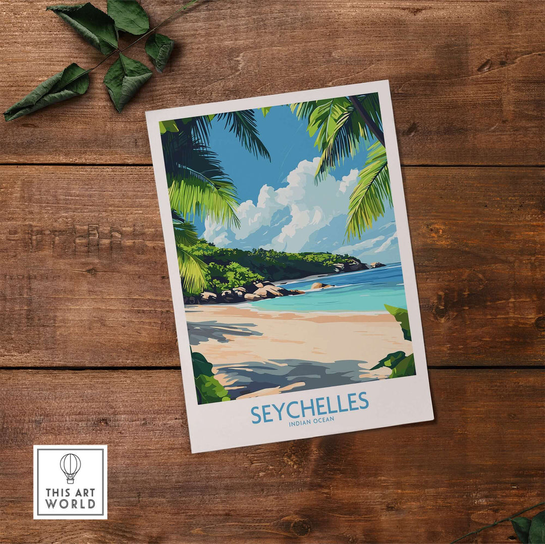 Beautiful Seychelles print showcasing a tropical beach scene with palm trees and blue ocean, perfect for beach lovers.