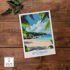 Captivating Seychelles Print for Beach Lovers showcasing a tropical beach scene with palm trees.