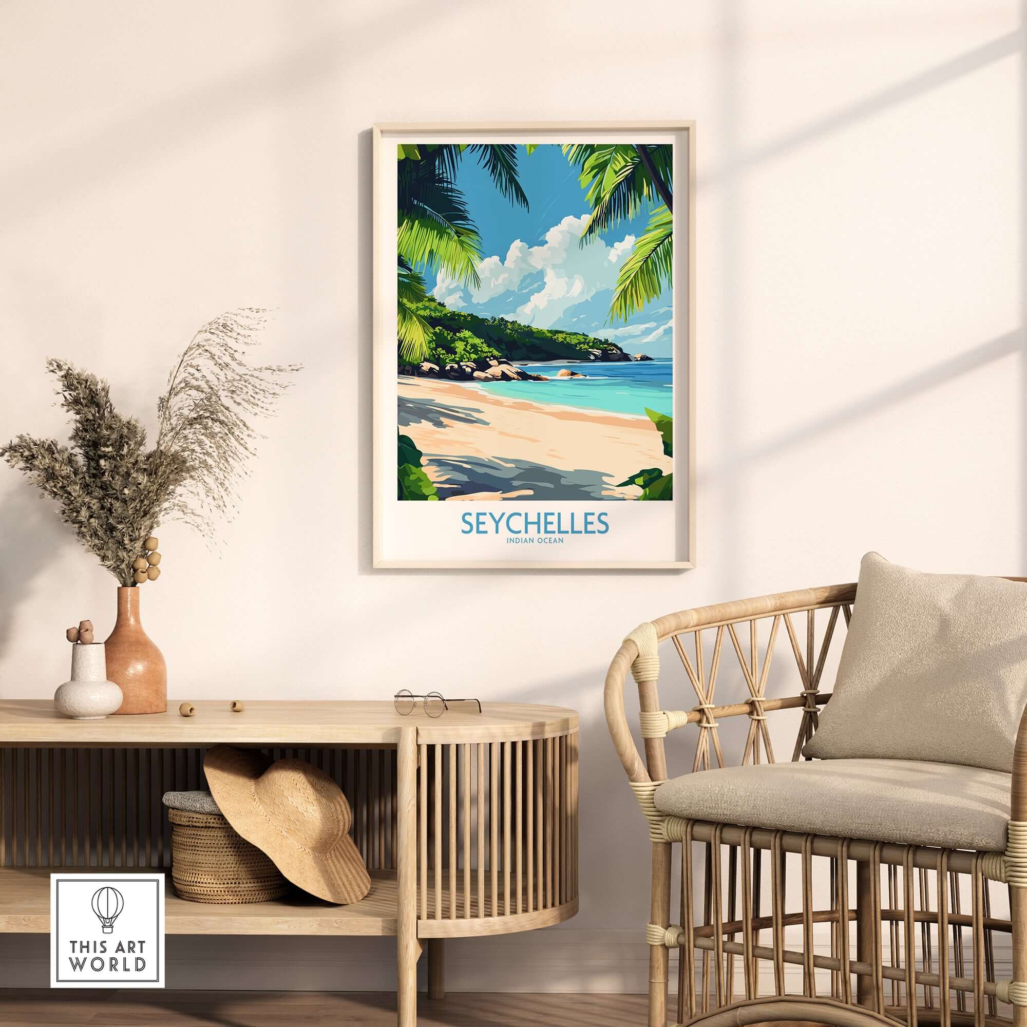 Captivating Seychelles Print for Beach Lovers hung in a stylish interior setting with natural decor.