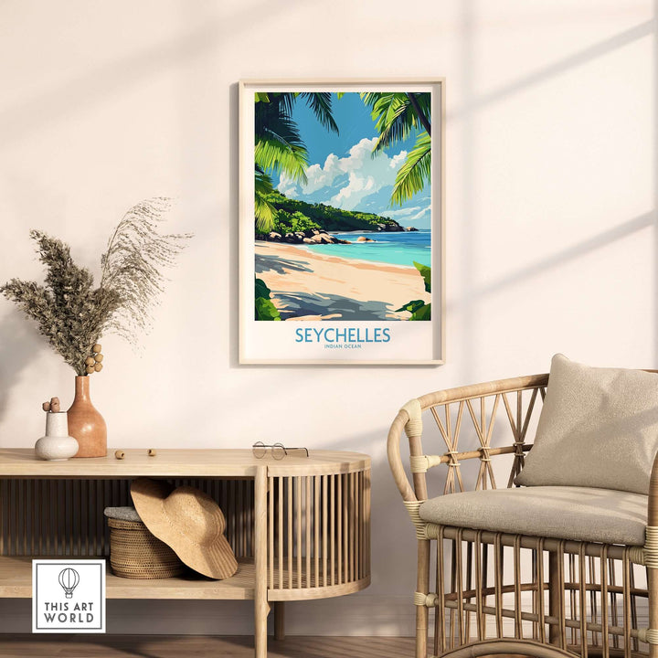 Captivating Seychelles print hanging in a bright room, showcasing a beach paradise with vibrant colors and tropical vibes.