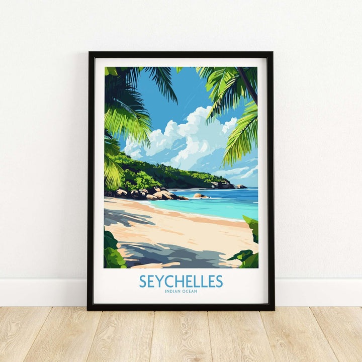 Framed Seychelles print showcasing a beautiful beach scene with palms and clear blue waters, perfect for beach lovers.