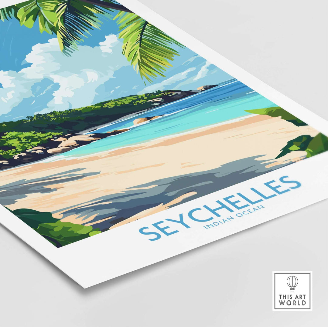 Vibrant Seychelles print showcasing a serene beach scene, perfect for beach lovers and wanderlust enthusiasts.