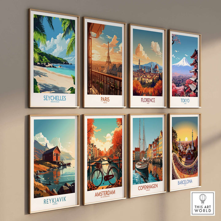 Gallery of travel prints featuring stunning views of Seychelles, Paris, Florence, Tokyo, Reykjavik, Amsterdam, Copenhagen, and Barcelona.