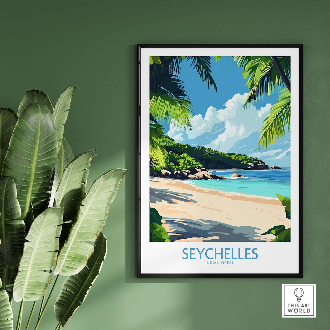 Vibrant Seychelles print showcasing a tropical beach scene, perfect for beach lovers and home decor.