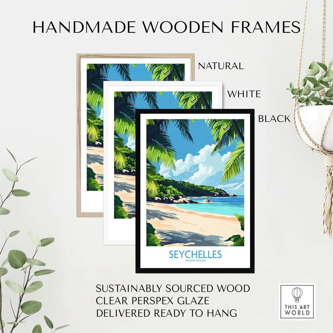 Handmade wooden frames in natural, white, and black showcasing a vibrant Seychelles beach print.