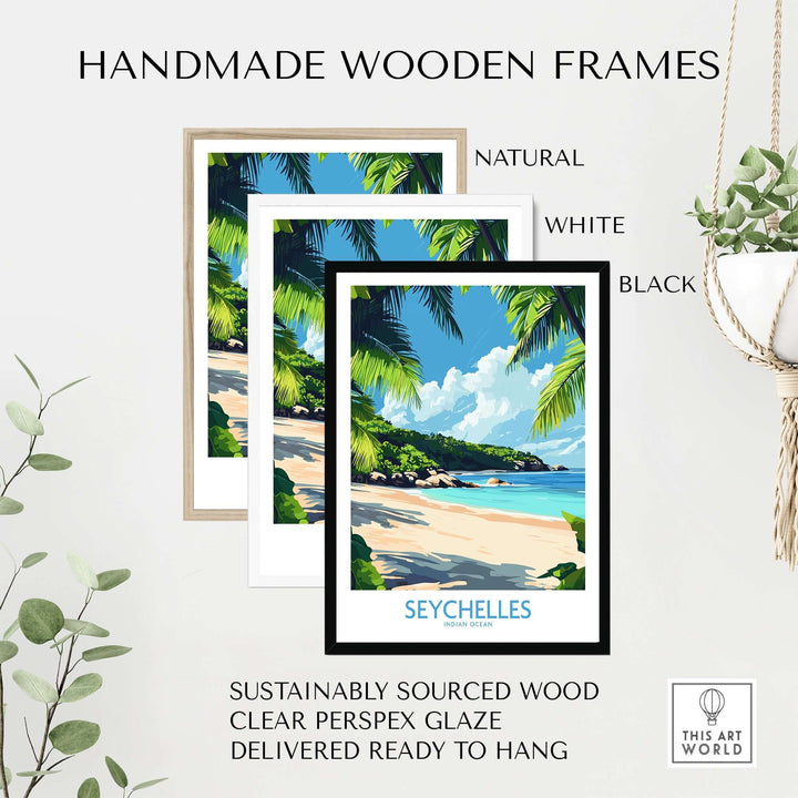 Handmade wooden frames in natural, white, and black showcasing a vibrant Seychelles beach print.